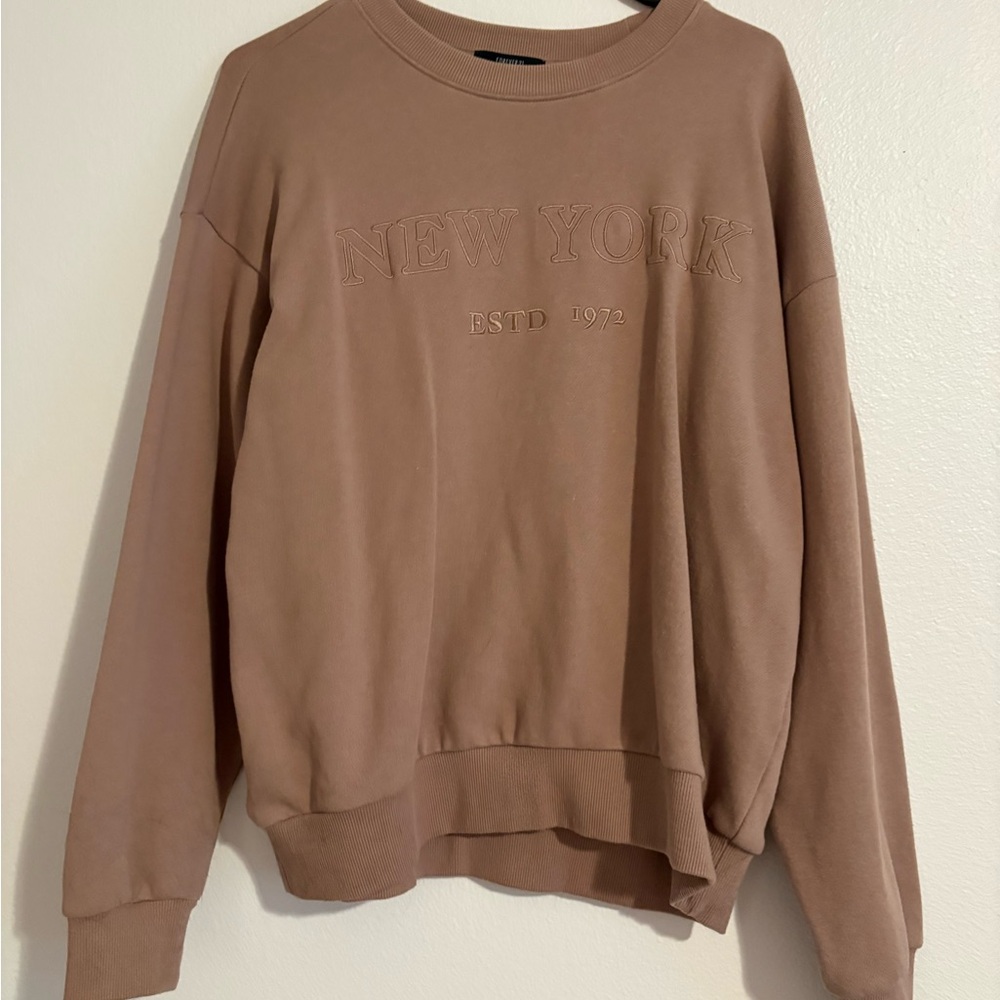 Forever 21 Tan/Brown New York Monochrome Embroidered Sweatshirt